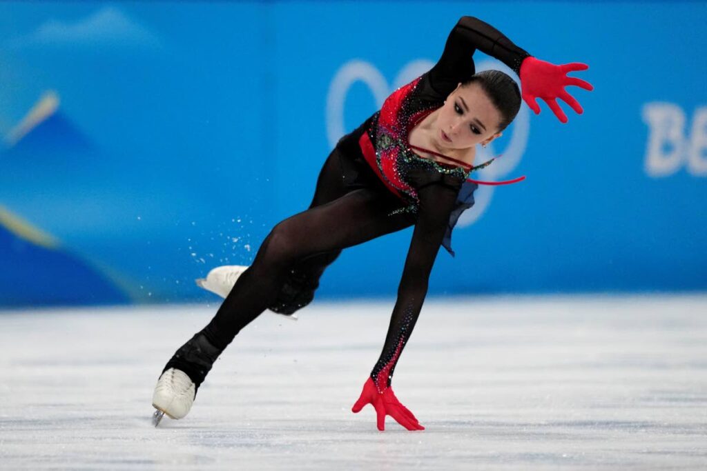 Kamila Valieva, of the Russian Olympic Committee, falls in the women's free skate programme during the figure skating competition at the 2022 Winter Olympics, on Thursday, in Beijing. (AP PHOTO) -