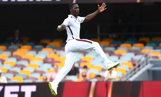 Shamar Joseph of the West Indies celebrates a wicket on day four of the second test against Australia at the Gabba. Photograph: Jono Searle/EPA (Image obtained at theguardian.com)