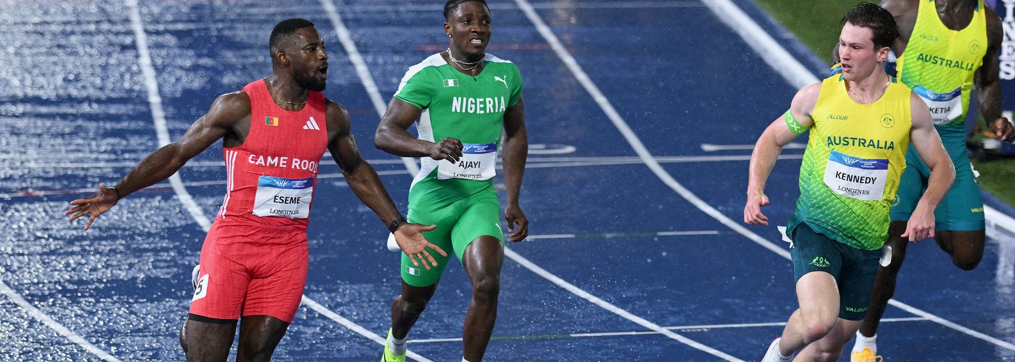 Emmanuel Eseme wins the 100m at the Commonwealth Games in Glasgow (© Getty Images) (Image obtained at worldathletics.org)
